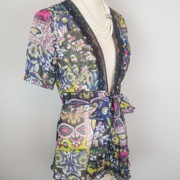CAbi Beaches of St Tropez Colorful Sheer Tie Front Blouse Women's Size Small - Picture 7 of 8
